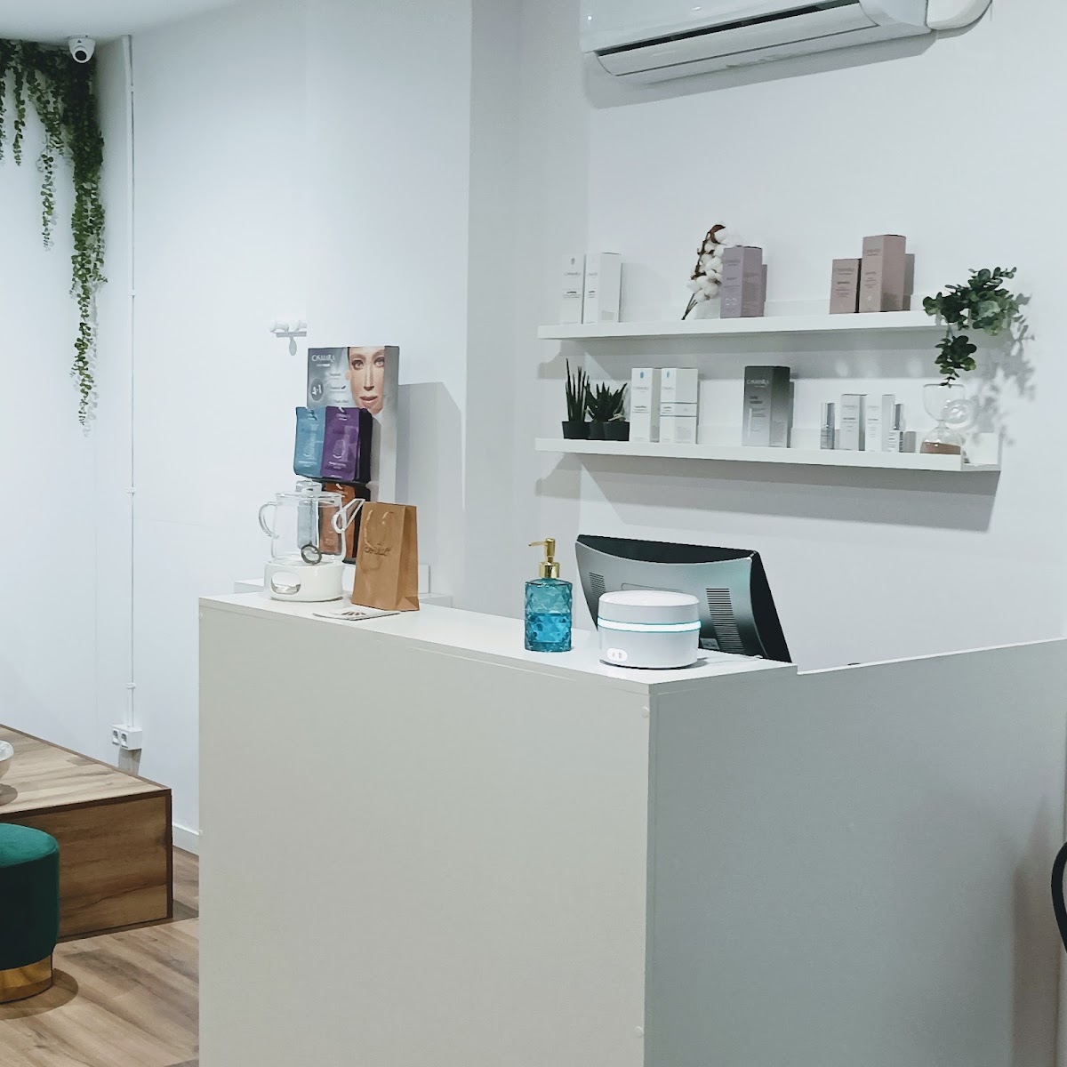 Mostrador de recepción blanco con estanterías de productos y plantas decorativas